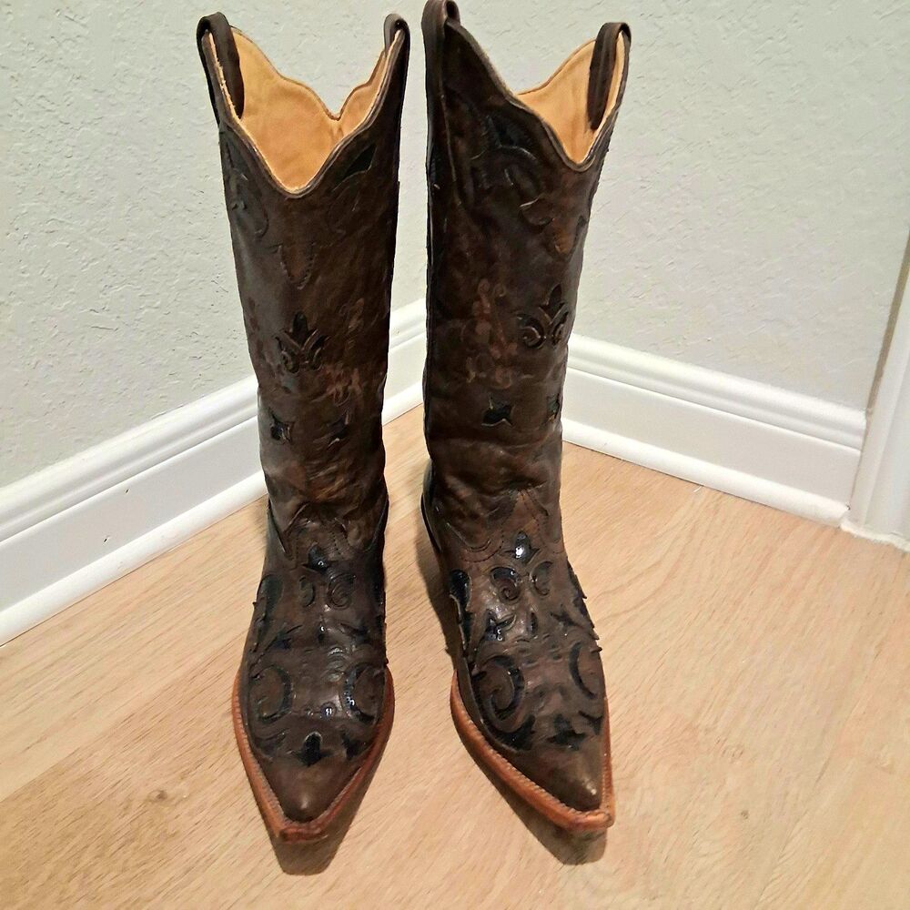 Corral Vintage Women's Brown Distressed Leather Western Boots, black sequin 9.5M